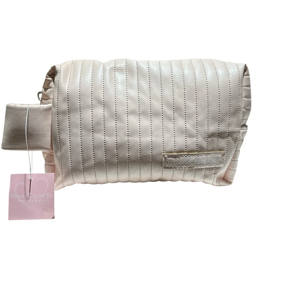 Beauty Creations Cream Striped Cosmetic Bag